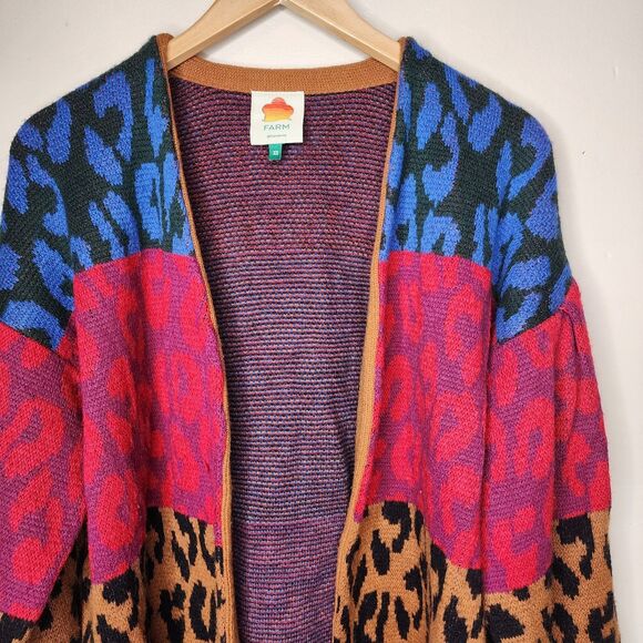 Farm Rio Striped Leopard Cardigan Sweater Open Front Womens XS Oversized - Picture 5 of 14